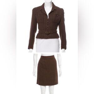 Chanel Wool Patterned Jacket w/ Belt & CC Buttons and Skirt in Large Set